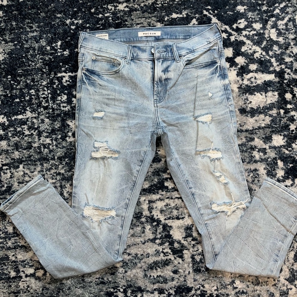 Pacsun Mens stacked skinny jeans 30x30 light blue distressed jeans